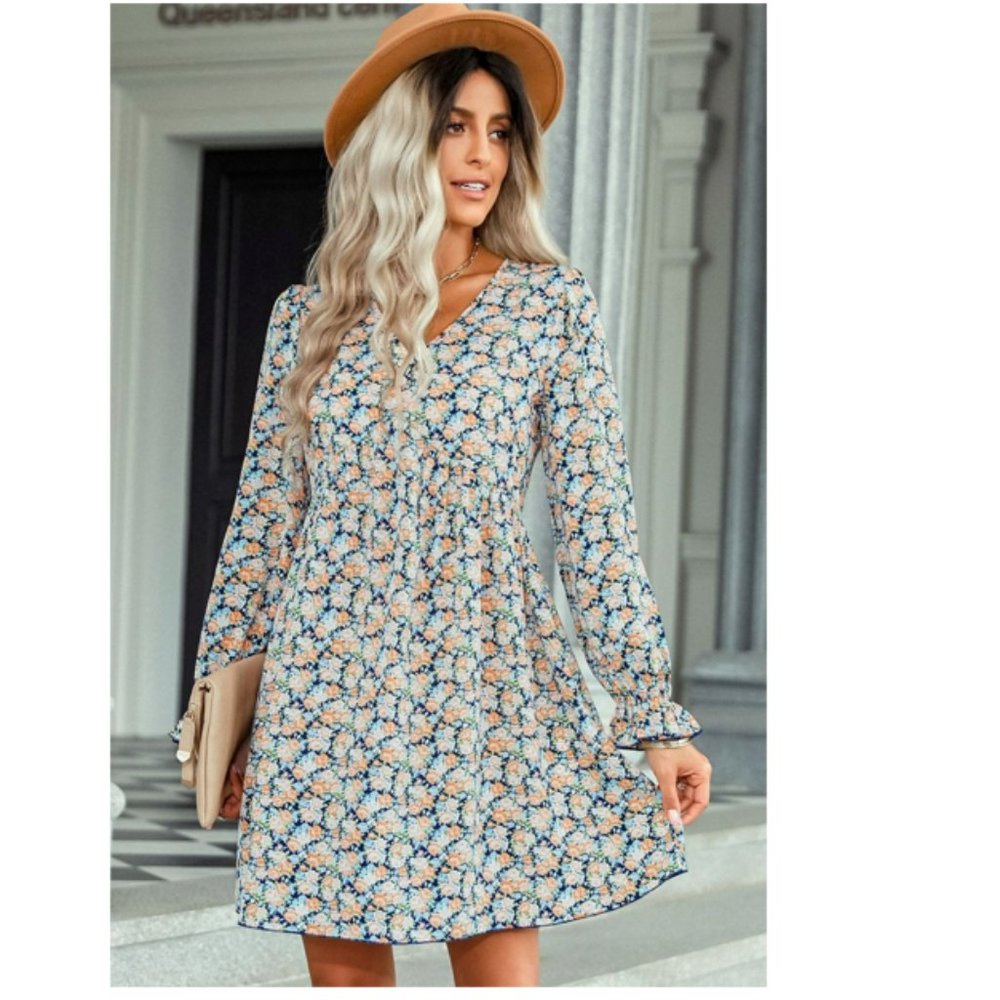 Floral Decorative Button Mini Dress - Picture 3 of 14
